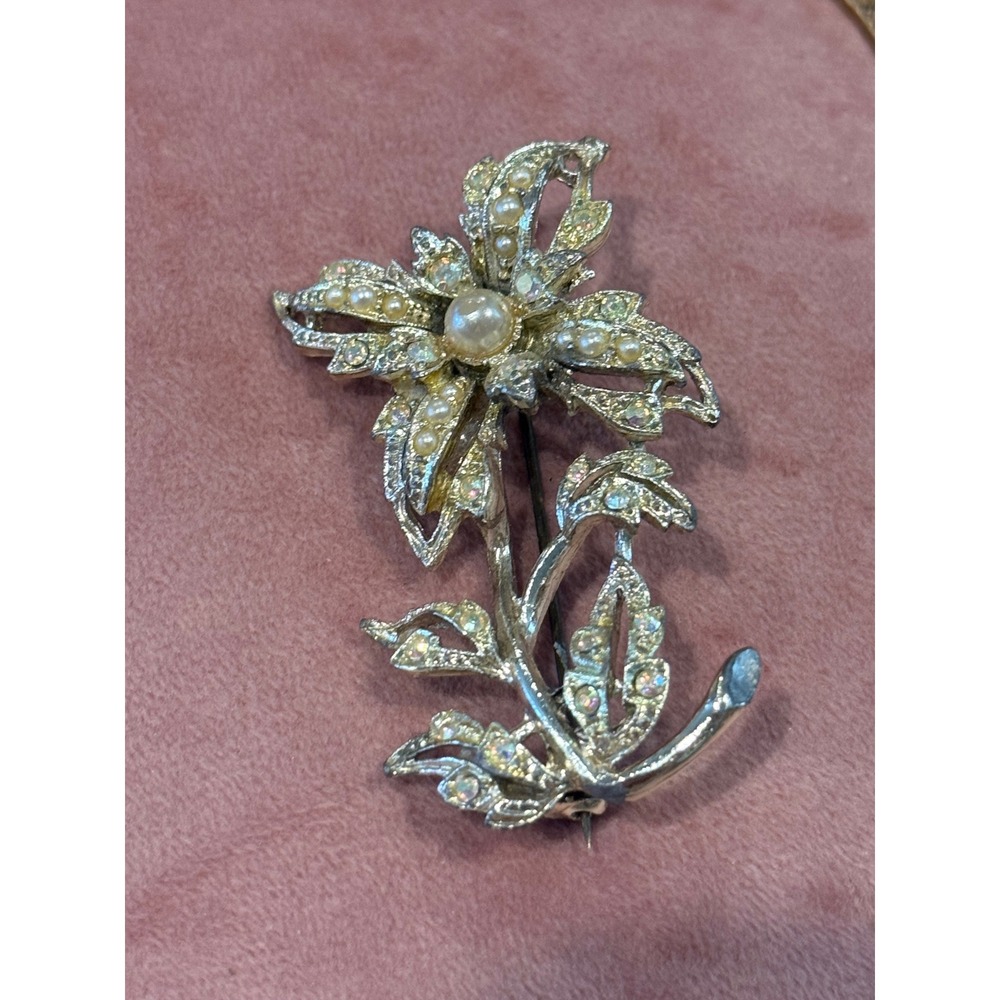 Vintage Art Nouveau Flower Brooch Pin Rhinestone Pearl‎ Floral Jewelry
